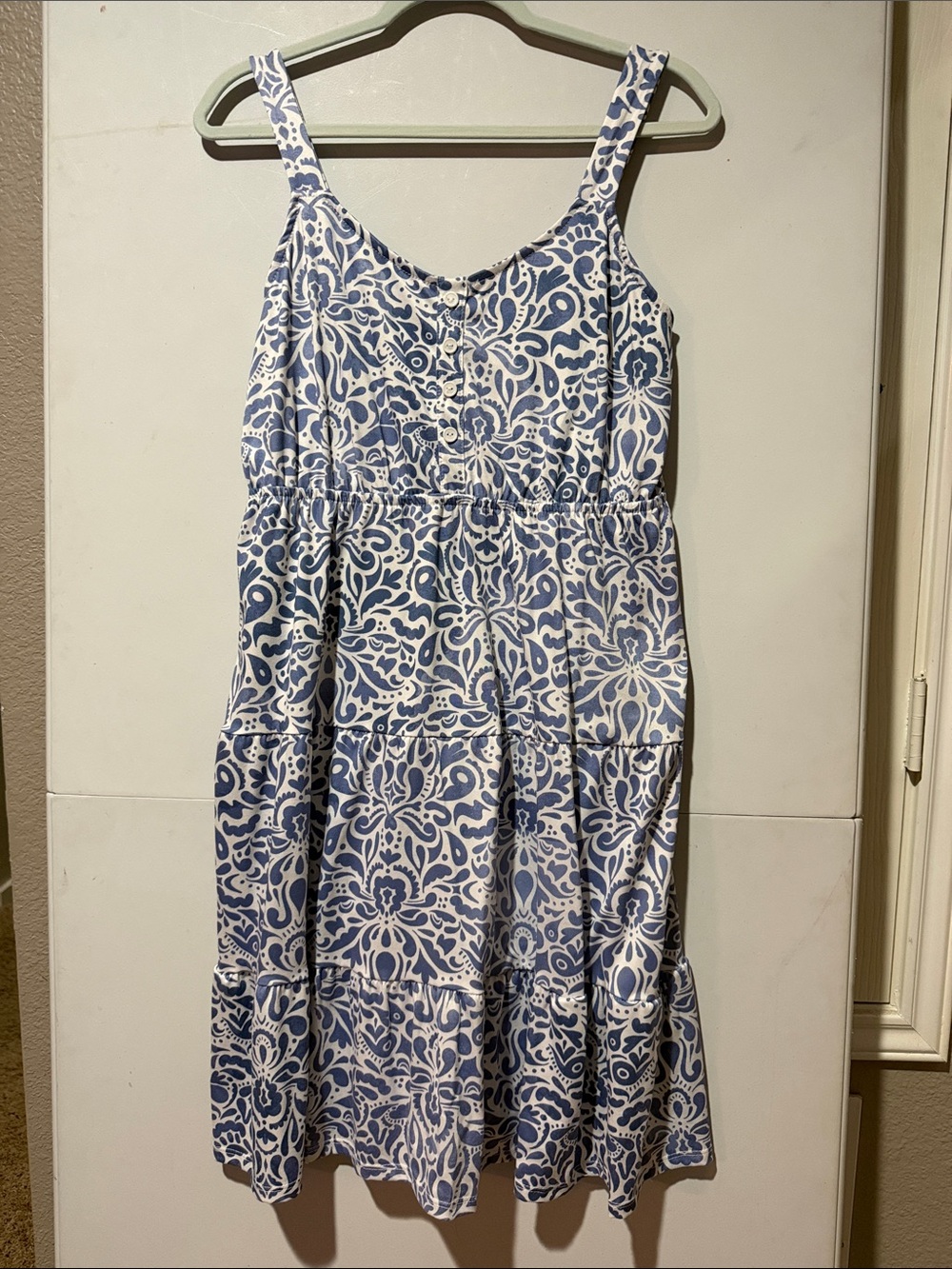LuLaRoe Amanda  Blue and White Printed Midi Dress